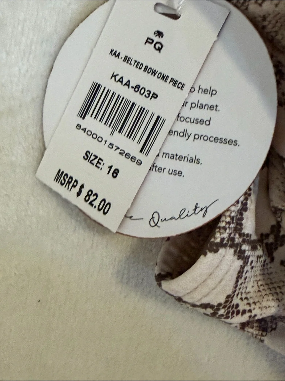 PQ KAA BELTED BOW ONE PIECE GIRLS SIZE 16 SNAKESKIN PRINT NWT SWIMSUIT